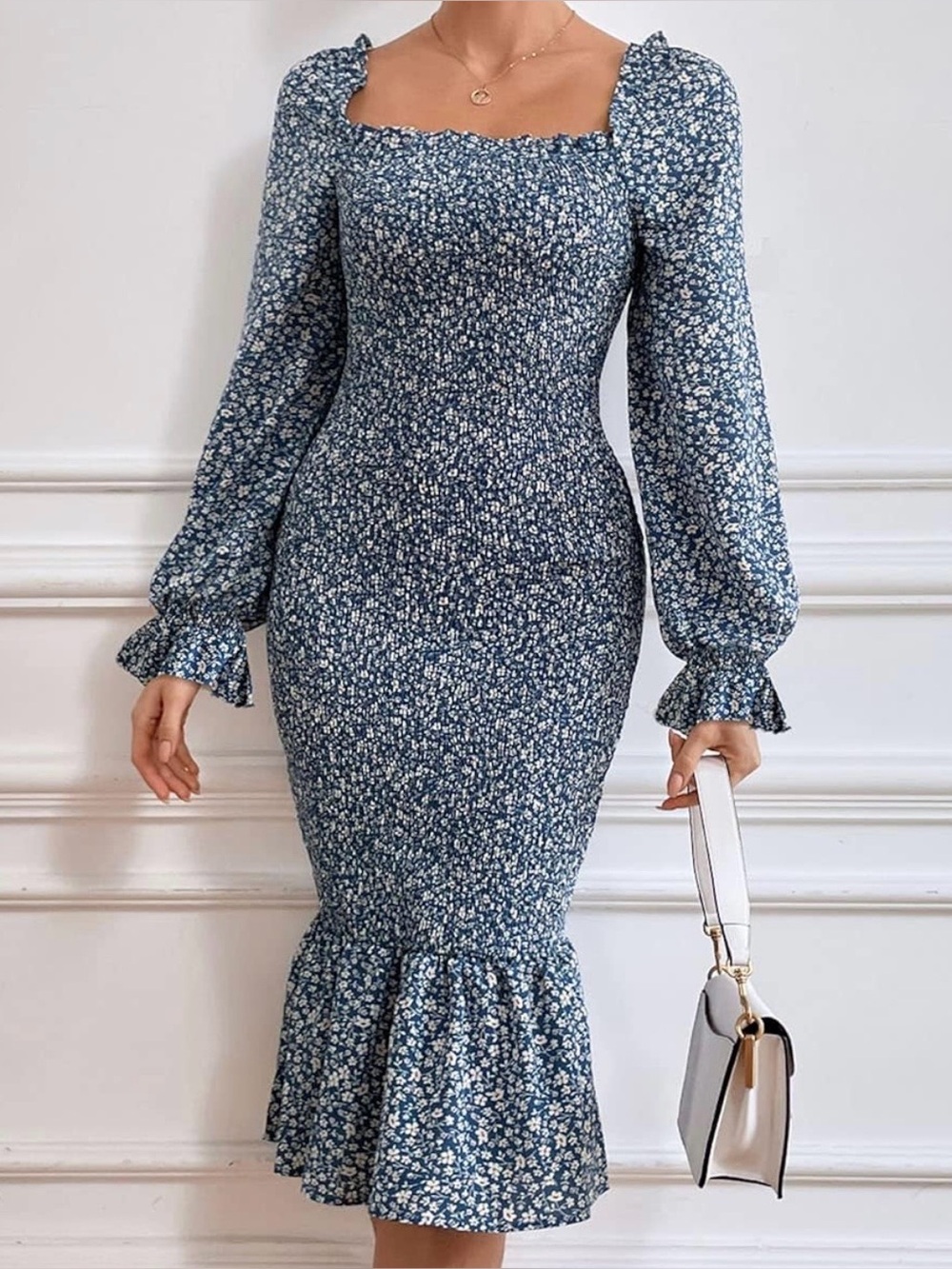 Smocked Square Neck Blue Floral Midi Dress